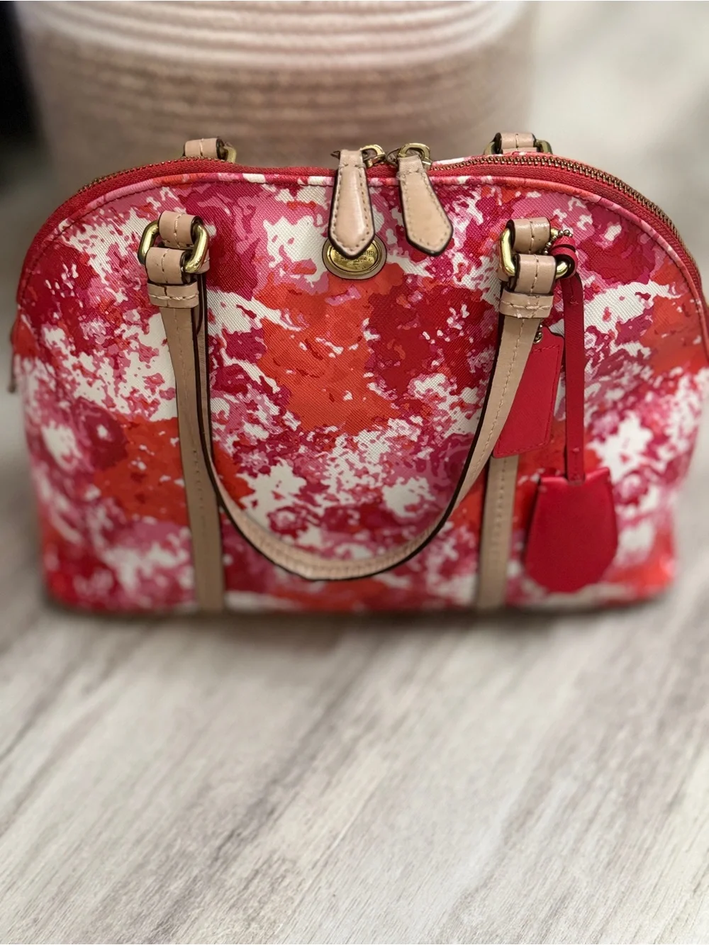 Coach Peyton Blossom Watercolor Satchel Pink Coral Multi Canvas Leather w/keytag